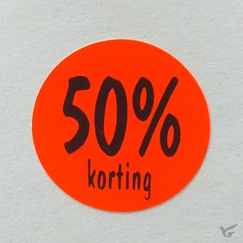 Productafbeelding: voorkant van Stickerrol 500 50% korting rond rood